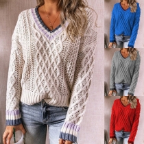 Fashion Contrast Color Long Sleeve V-neck Pullover Sweater