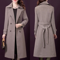 Elegant Style Long Sleeve Double-breasted Slim Fit Houndstooth Woolen Coat with Waist Strap