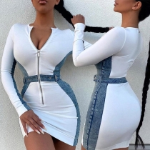 Chic Style Long Sleeve Round Neck Front-zipper Denim Spliced Tight Dress