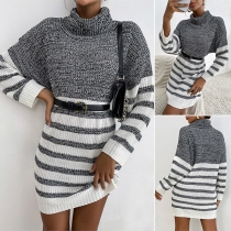 Fashion Contrast Color Stripe Long Sleeve Turtleneck Loose Sweater Dress