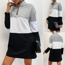 Casual Style Long Sleeve Stand Collar Contrast Color Sweatshirt Dress