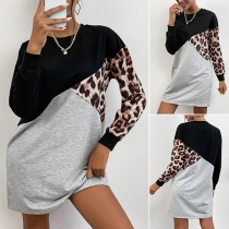 Fashion Contrast Color Leopard Spliced Long Sleeve Round Neck T-shirt Dress