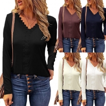 Fashion Solid Color Long Sleeve V-neck Lace Spliced T-shirt