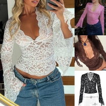 Sexy Deep V-neck Long Sleeve Solid Color Lace Bottoming Top