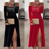 Sexy Off-shoulder Slit Hem Long Sleeve Rhinestone Spliced Slim Fit Sling Party Dress