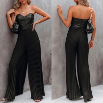 Sexy Strapless High Waist PU Leather Spliced Pleated Jumpsuit