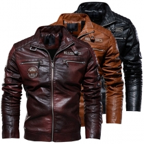 Retro Style Long Sleeve Stand Collar Man's PU Leather Jacket Motorcycle Coat
