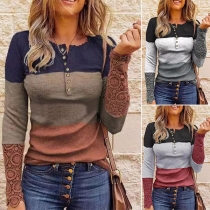 Fashion Lace Spliced Long Sleeve Round Neck Contrast Color T-shirt