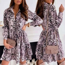 Fashion Long Sleeve POLO Collar Leopard Printed Shirt Dress