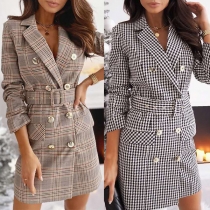 OL Style Long Sleeve Double-breasted Plaid Dress with Waistband