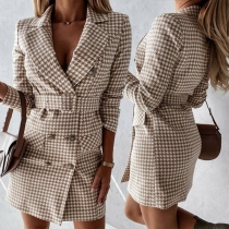 OL Style Long Sleeve Double-breasted Slim Fit Plaid Suit Dress with Waistband