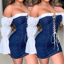 Sexy Ruffle Boast Neck Trumpet Sleeve Slim Fit Lace-up Denim Dress