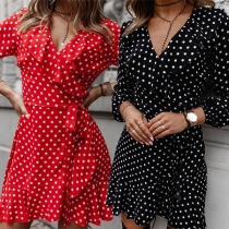Sweet Style Long Sleeve V-neck Ruffle Hem Dots Printed Tie-belt Dress