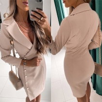 OL Style Long Sleeve Notched Lapel Solid Color Slim Fit Dress