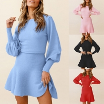 Simple Style Lantern Sleeve Round Neck Solid Color Knit Dress