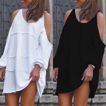 Sexy Off-shoulder Long Sleeve Round Neck Solid Color Loose T-shirt Dress