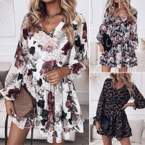 Sexy V-neck Ruffle Hem Long Sleeve High Waist Printed Dress