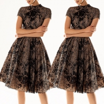 Fashion Short Sleeve Mock Neck High Waist Embroidery Shinning Dress