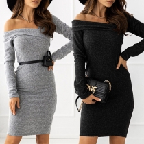 Sexy Off-shoulder Long Sleeve Solid Color Slim Fit Knit Dress