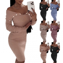 Sexy Off-shoulder Button V-neck Long Sleeve Solid Color Slim Fit Knit Dress