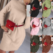 Fashion Solid Color Long Sleeve Mock Neck Loose Knit Dress