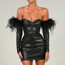 Sexy Off-shoulder Boat Neck Long Sleeve Black Tight PU Leather Dress