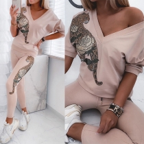 Casual Style Long Sleeve V-neck Leopard Pattern Top + Pants Two-piece Set