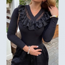 Sexy Lace Spliced V-neck Long Sleeve Slim Fit Ruffle Bottoming Top