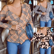 Sexy Off-shoulder V-neck Long Sleeve Slim Fit Plaid Blazer Coat