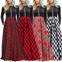 Bohemian Style Long Sleeve Round Neck High Waist Plaid Hem Maxi Dress