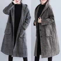 Retro Style Long Sleeve Hooded Plaid Woolen Coat