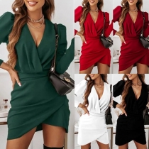 Sexy V-neck Puff Sleeve Irregular Hem Solid Color Slim Fit Party Dress