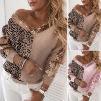 Fashion Leopard Sequin Spliced Long Sleeve V-neck Knit Sweater Top