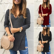 Fashion Solid Color Long Sleeve V-neck Slit-hem Knit Top