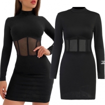 Sexy See-through Gauze Spliced Long Sleeve Mock Neck Tight Dress