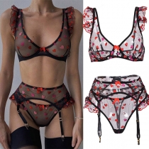 Sexy Heart Embroidery See-through Gauze Lingerie Three-piece Set