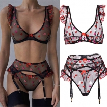 Sexy Heart Embroidery See-through Gauze Lingerie Three-piece Set
