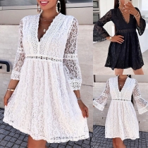 Sexy V-neck Trumpet Sleeve High Waist Solid Color Lace Dress