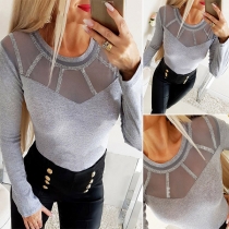 Sexy See-through Gauze Spliced Long Sleeve Round Neck Rhinestone T-shirt