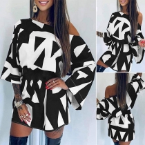 Sexy Oblique Shoulder 3/4 Trumpet Sleeve Contrast Color Dress