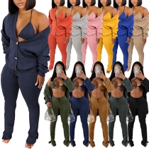 Sexy Lace-up Bra + Long Sleeve Cardigan + Pants Knit Three-piece Set