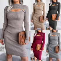 Sexy Long Sleeve Mock Neck Solid Color Slim Fit Hollow Out Knit Dress