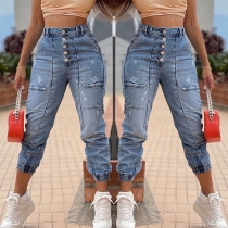Casual Style High Waist Elastic Leg Opening Slim Fit Jeans