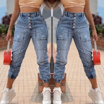 Casual Style High Waist Elastic Leg Opening Slim Fit Jeans