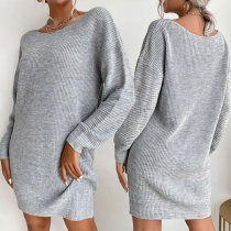 Casual Style Long Sleeve Round Neck Solid Color Loose Knit Dress