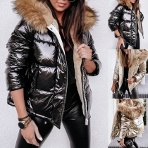 Fashion Faux Fur Spliced Hooded Long Sleeve Plush Lining Padded Coat