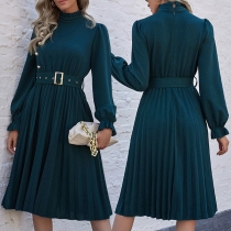 Elegant Solid Color Long Sleeve Ruffle Stand Neck High Waist Pleated Dress