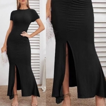 Sexy Slit Hem Short Sleeve Round Neck Slim Fit Black Dress