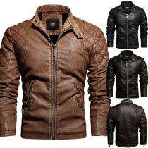 Retro Style Long Sleeve Stand Collar Plush Lining Man's PU Leather Jacket
