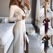 Sexy Deep V-neck Slit Hem Long Sleeve Slim Fit Lace-up Party Dress